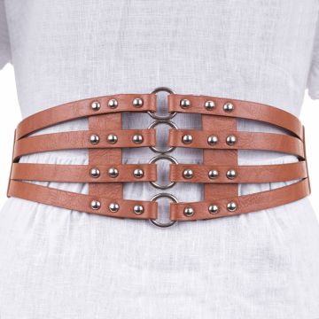 Centura camel lata din piele ecologica cu tinte si cercuri metalice Centura camel lata din piele ecologica cu tinte si cercuri metalice