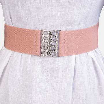 Curea lata roz prafuit de 6 cm, din material elastic cu catarama argintie