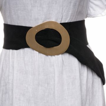 Curea neagra din piele intoarsa naturala cu latime de 8 cm, catarama aurie neregulata