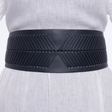 Centura neagra din material elastic si piele ecologica cu decoratiune din acealasi material