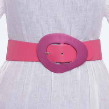 Curea din piele ecologica fucsia cu catarama neregulata metalica si elastic la spate