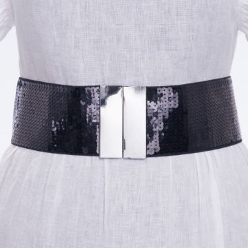 Curea neagra lata de 7.5 cm din material elastic acoperita complet cu paiete negre