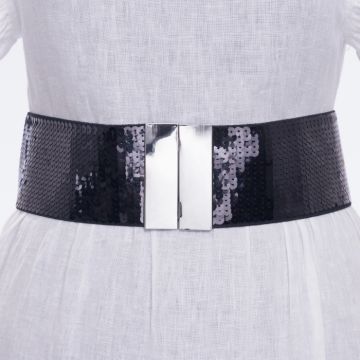 Curea neagra lata de 7.5 cm din material elastic acoperita complet cu paiete negre