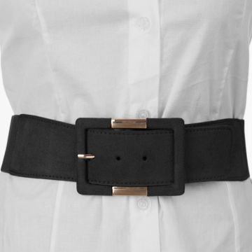Curea elastica cu piele ecologica neagra si catarama dreptunghiulara cu decoratiune aurie