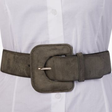 Curea elastica cu piele intoarsa ecologica kaki si catarama dreptunghiulara cu colturi rotunjite Curea elastica cu piele intoarsa ecologica kaki si catarama dreptunghiulara cu colturi rotunjite