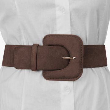 Curea elastica cu piele intoarsa ecologica maro si catarama dreptunghiulara cu colturi rotunjite