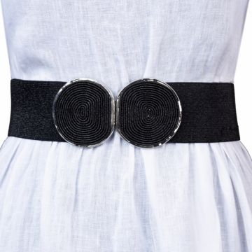 Curea neagra lata de 6 cm, din material elastic cu tesatura de lurex, catarama negru cu argintiu