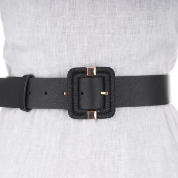 Curea neagra de 4 cm, din piele ecologica cu catarama metalica rectangulara aurie imbracata in impletitura