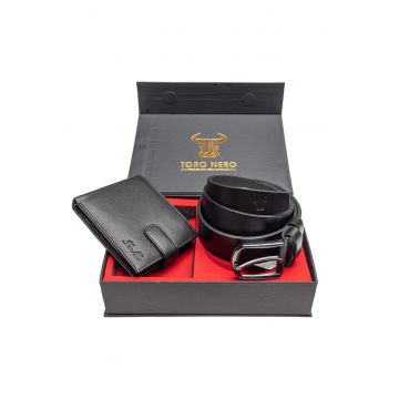 Set portofel si curea - barbati - din piele naturala - Viki-Smooth - negru