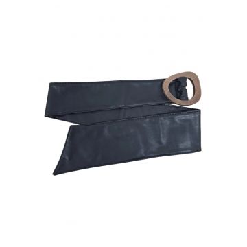 Curea de talie - neagra - din piele ecologica - cu catarama maro - Mariel C2