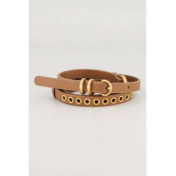 Curea ingusta de piele cu detalii metalice - Caramel