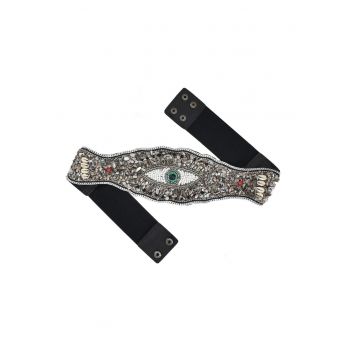 Curea tip brau - neagra - cu pietre gri si scoici - Timothy C26 -