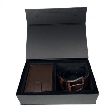 Set cadou pentru barbati, Portofel + Curea, piele naturala, model elegant, Maro, SET3