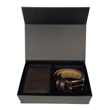 Set cadou pentru barbati, Portofel + Curea, piele naturala, model elegant, Maro, SET4