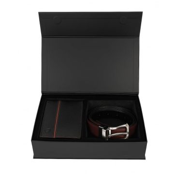 Set cadou pentru barbati, Portofel + Curea, piele naturala, model elegant, Negru/maro, SET7