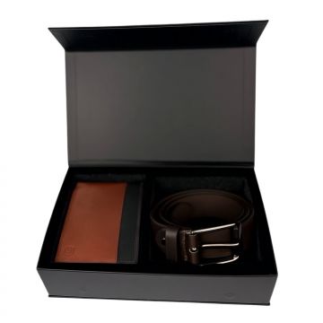 Set cadou pentru barbati, Portofel + Curea, piele naturala, model elegant, Negru-Maro, SET9