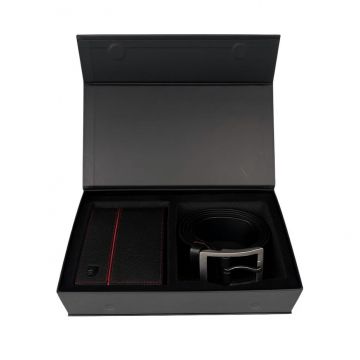 Set cadou pentru barbati, Portofel + Curea, piele naturala, model elegant, Negru/rosu, SET6