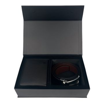 Set cadou pentru barbati, Portofel + Curea, piele naturala, model elegant, Negru, SET1