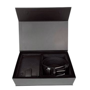 Set cadou pentru barbati, Portofel + Curea, piele naturala, model elegant, Negru, SET2