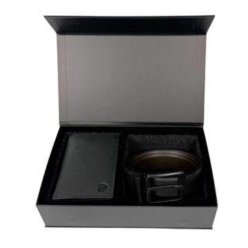 Set cadou pentru barbati, Portofel + Curea, piele naturala, model elegant, Negru, SET8