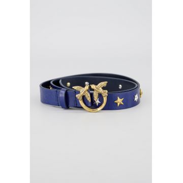 Curea de piele cu catarama cu logo si stele - Albastru inchis