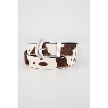 Curea de piele cu par scurt si animal print - Alb/Maro pamantiu