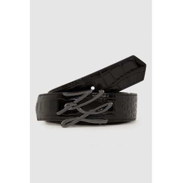 Curea de piele lacuita cu catarama cu logo - Negru