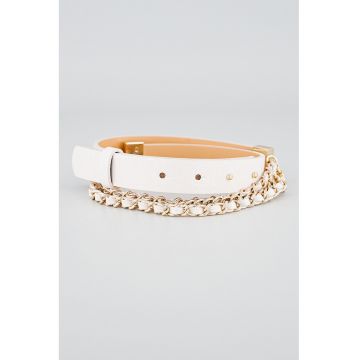 Curea din piele ecologica cu model logo si insertie din lant - Alb murdar