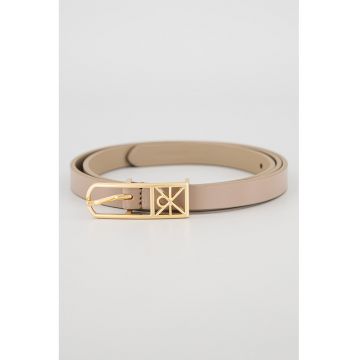 Curea skinny din piele cu catarama logo metalica - Maro taupe inchis