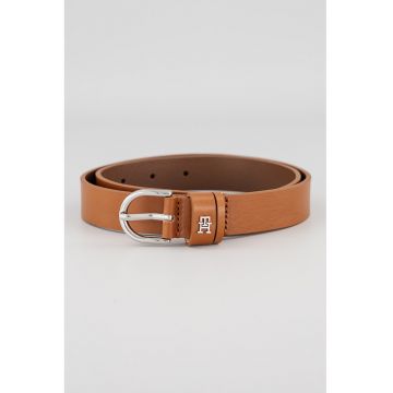 Curea subtire de piele cu logo - Maro scortisoara