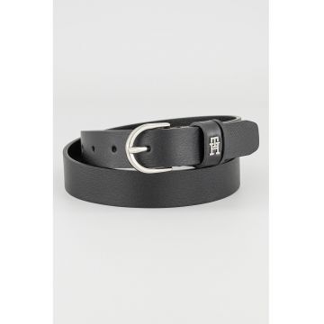 Curea subtire de piele cu logo - Negru