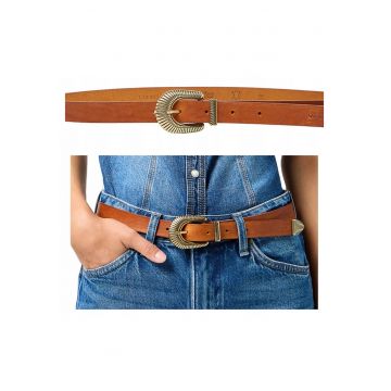 Cureaua Dama -  Western Sun Belt - Regular Fit - Cu Catarama Metalica - Design Clasic - Pentru Pantaloni - Blugi - Fusta - 100% Piele Naturala - 90 Cm - Maro