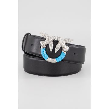 Curea de piele cu catarama cu nit si logo - Black Onyx/Albastru deschis neon