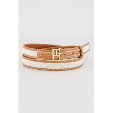 Curea de piele si panza cu logo metalic - Caramel/Bej deschis