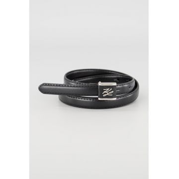 Curea ingusta din piele cu catarama plata - Negru