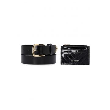 Set de curea si portcard din piele lacuita -
