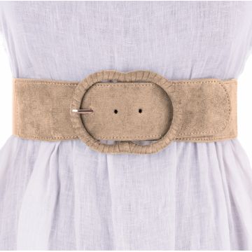 Curea din piele intoarsa ecologica cu catarama imbracata si elastic la spate, bej