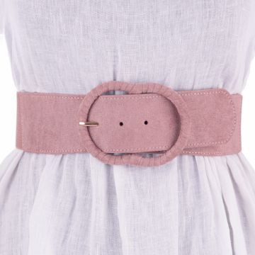 Curea din piele intoarsa ecologica cu catarama imbracata si elastic la spate, roz prafuit