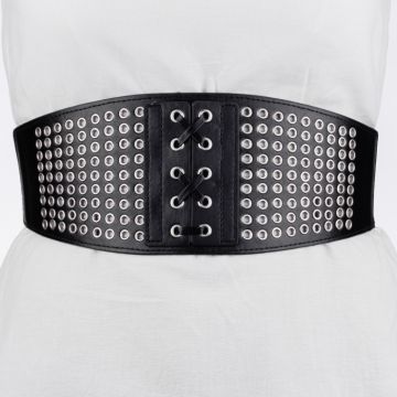 Centura corset lata din piele ecologica cu capse metalice argintii si elastic la spate