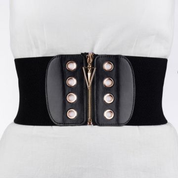 Centura corset lata din piele ecologica cu fermoar si capse in fata si elastic la spate