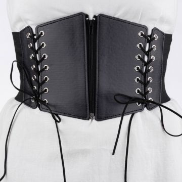 Centura corset lata din piele ecologica cu fermoar si snururi in fata si elastic la spate