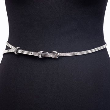 Curea subtire de 7 mm cu strasuri argintii aplicate pe piele ecologica neagra