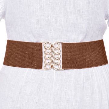 Curea camel de 6 cm, din material elastic cu catarama aurie
