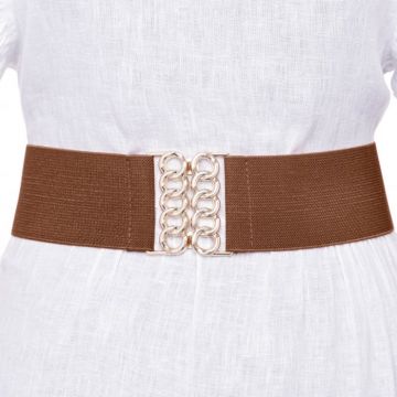 Curea camel de 6 cm, din material elastic cu catarama aurie