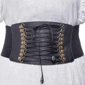 Centura corset lata din piele ecologica cu siret si elemente metalice aurii patinate